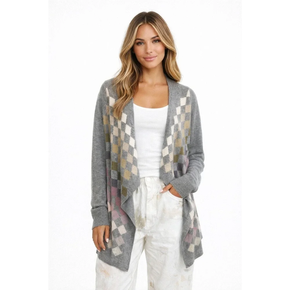 Stile Benetton Wool Blend Grey Argyle Diamond Academia Preppy Cardigan Sweater S